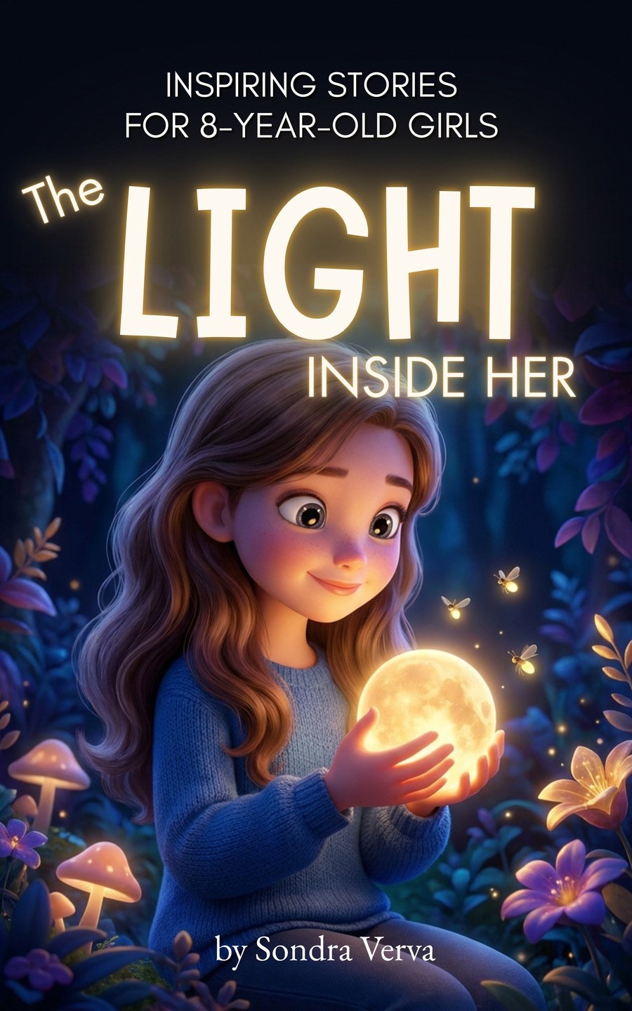 The Light Inside Her book cover: a girl in a blue sweater holds a glowing moon in a night forest full of fireflies