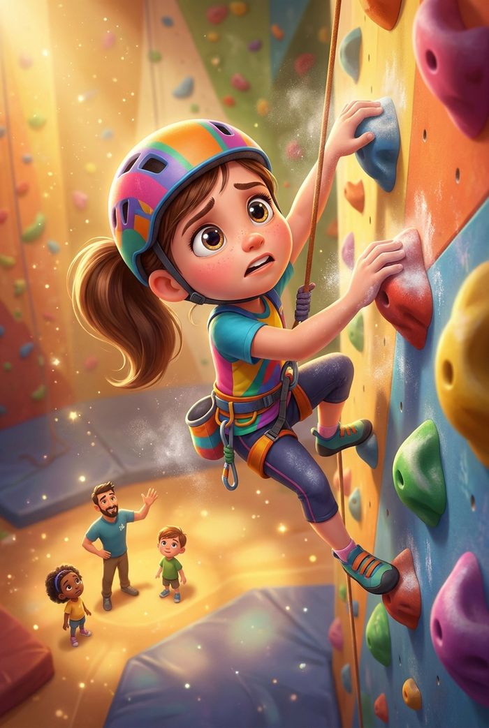 Illustration from the book: a girl in a helmet climbs a colorful climbing wall