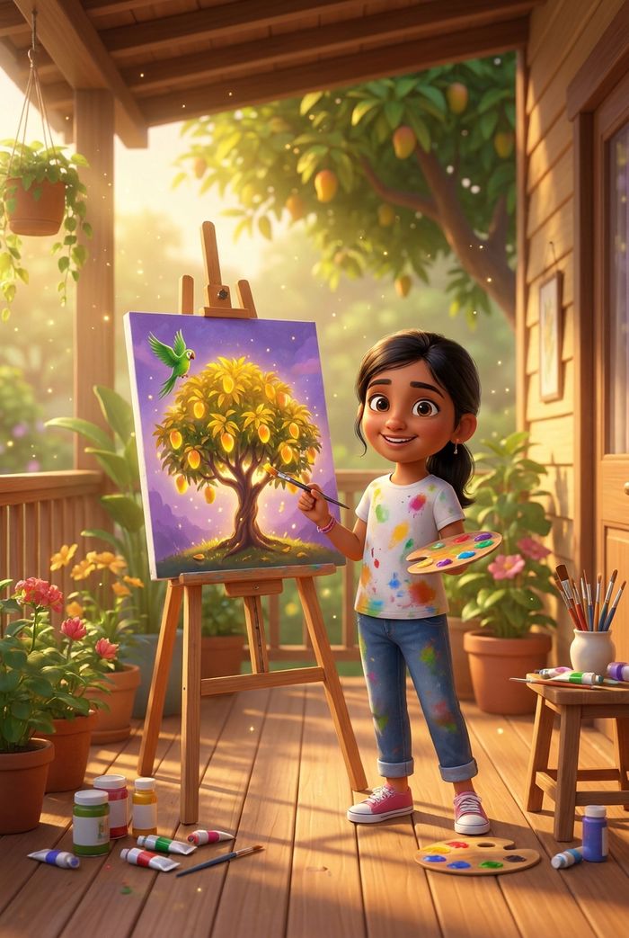Illustration from the book: a girl paints a sunflower at an easel