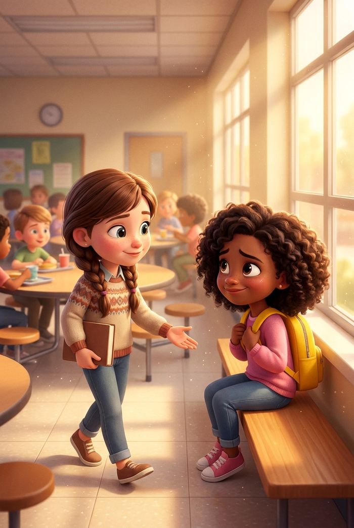 Illustration from the book: two girls sit together in a sunny classroom