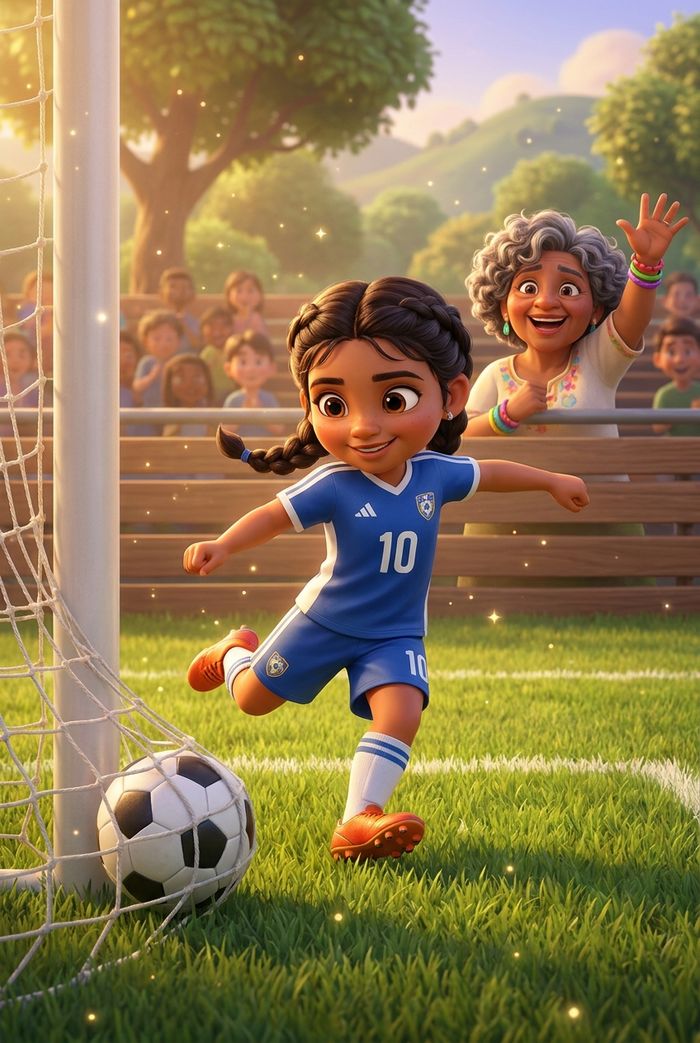 Illustration from the book: a girl plays soccer on a green field