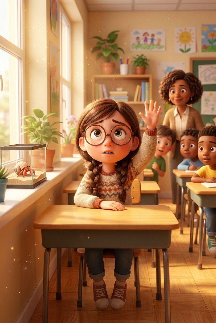 Illustration from the book: a girl raises her hand in class